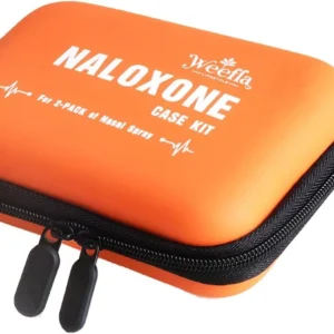 An orange Naloxone Carrying Case with a black zipper and carabiner, labeled "Naloxone Case Kit" and "For 2-pack of nasal spray" in white text on the front.
