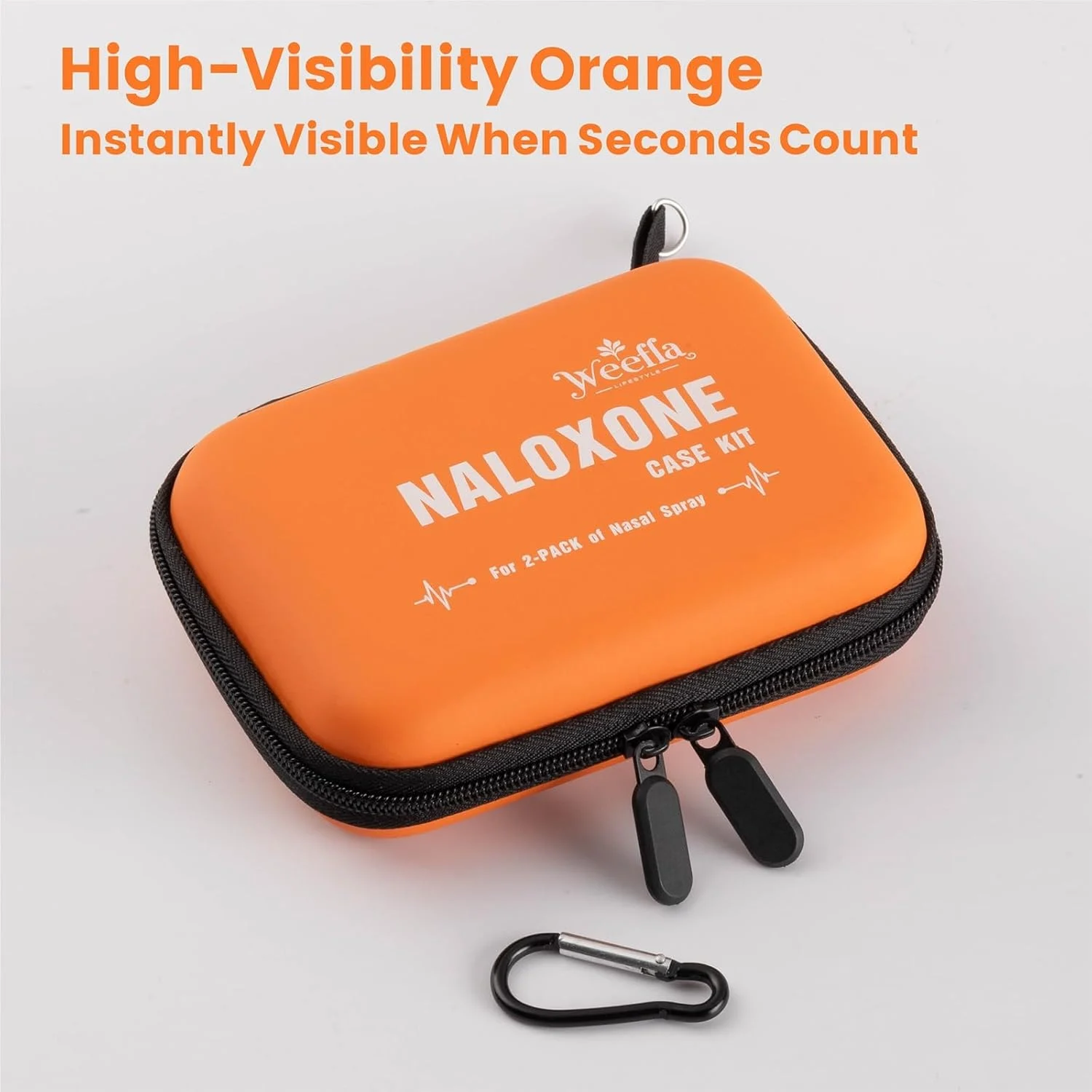 Bright orange Naloxone case kit with black zippers and a carabiner clip, labeled for a 2-pack of nasal spray. Text above reads, High-Visibility Orange Instantly Visible When Seconds Count.