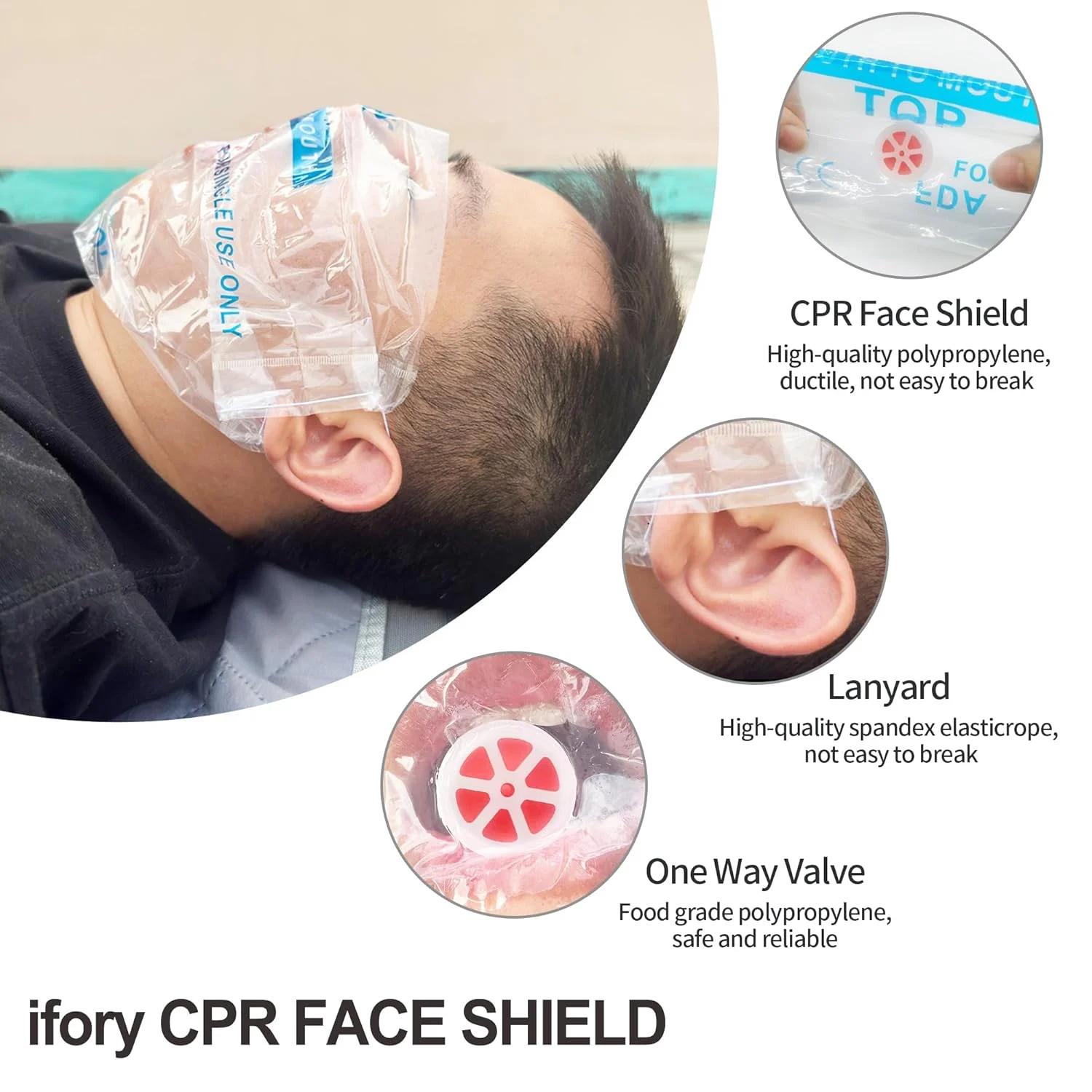 A person demonstrates using a transparent ifory CPR face shield with labeled features: CPR face shield made of polypropylene, a spandex lanyard, and a food-grade one-way valve for safety and reliability.