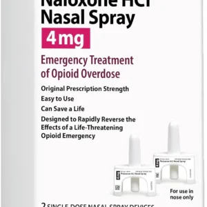 Box of Naloxone (2-Pack), labeled for emergency opioid overdose treatment. The package contains two nasal spray devices and highlights features like easy use and fast reversal of overdose effects.