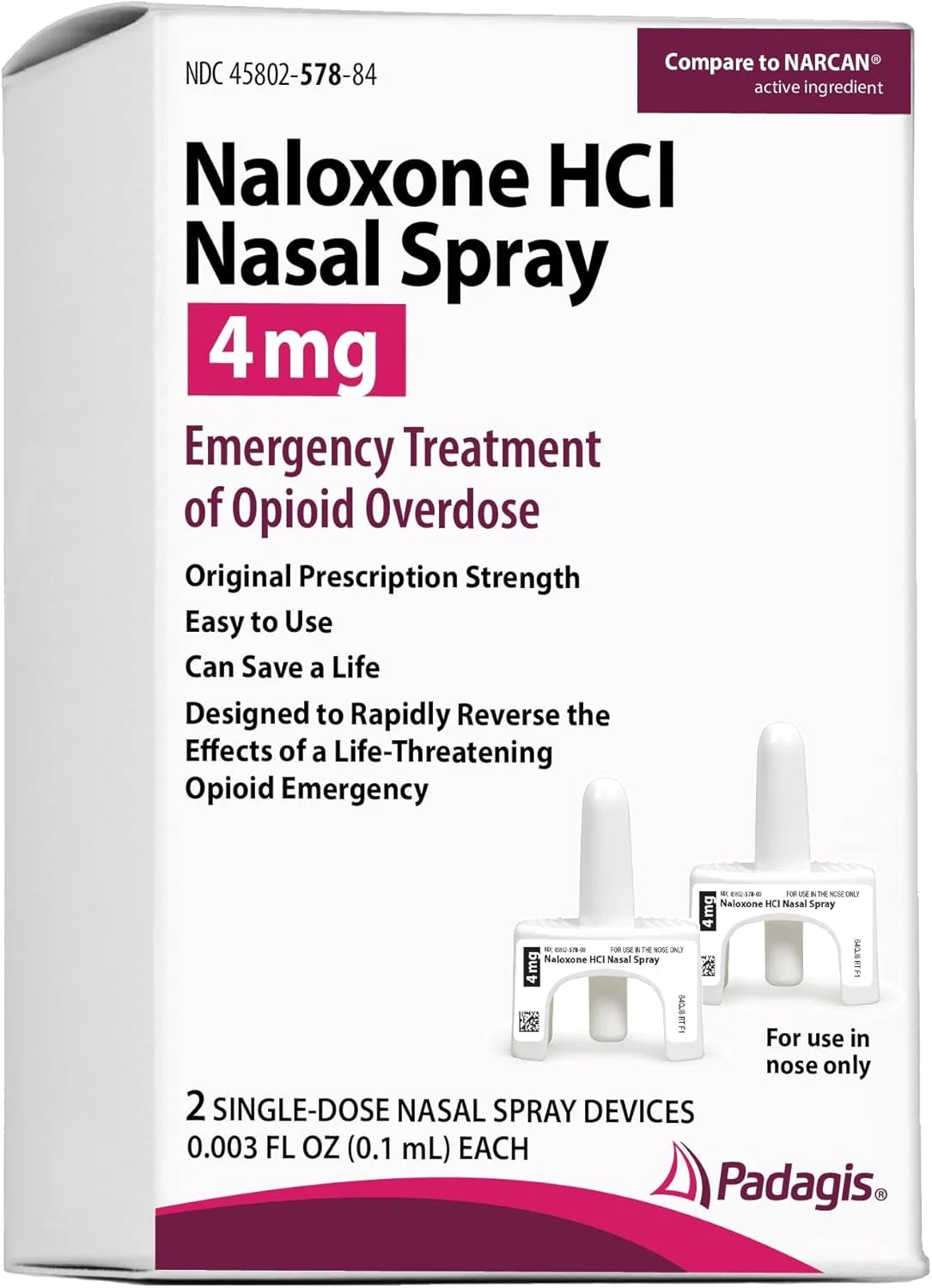 Box of Naloxone (2-Pack), labeled for emergency opioid overdose treatment. The package contains two nasal spray devices and highlights features like easy use and fast reversal of overdose effects.