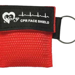 A CPR Pocket Mask Keychain in a red pouch labeled "CPR Face Shield," featuring a heart and heartbeat graphic on the flap and a metal keyring attached.