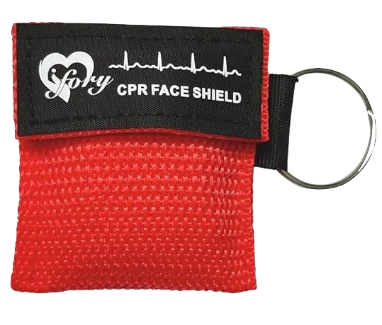 A CPR Pocket Mask Keychain in a red pouch labeled "CPR Face Shield," featuring a heart and heartbeat graphic on the flap and a metal keyring attached.