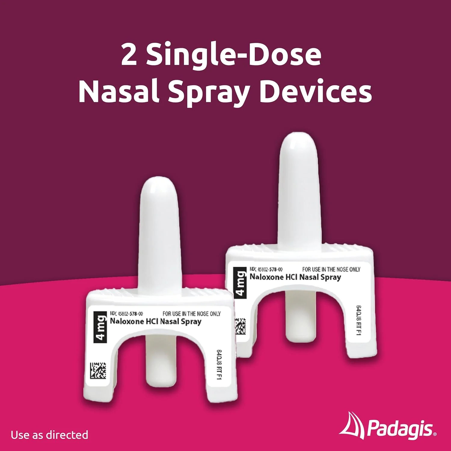 Two single-dose naloxone HCl nasal spray devices are shown against a purple and pink background with the text 2 Single-Dose Nasal Spray Devices above and the Padagis logo in the lower right corner.