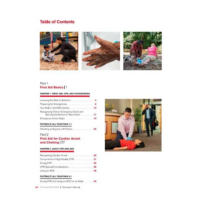 Table of contents page with images showing people practicing first aid, washing hands, and helping someone on the ground. Text lists chapters on first aid basics, cardiac arrest, choking, AED use, and care for adults and children.