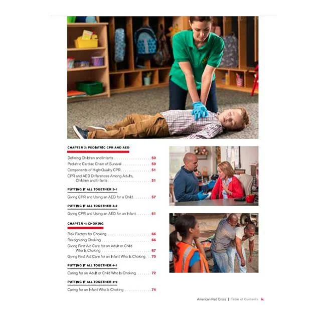 A woman in green gloves performs CPR on a child lying on the floor. Below are three smaller images: a man and woman talking, a woman performing a choking rescue on a child, and a man helping a child with first aid.