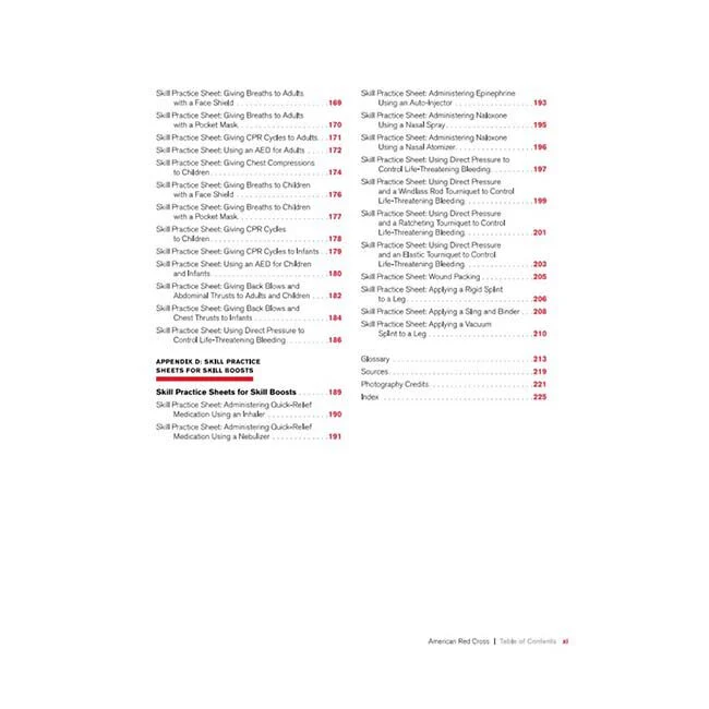 Table of contents page from an American Red Cross guide, listing various skill practice sheets and topics with associated page numbers in black and red text on a white background.