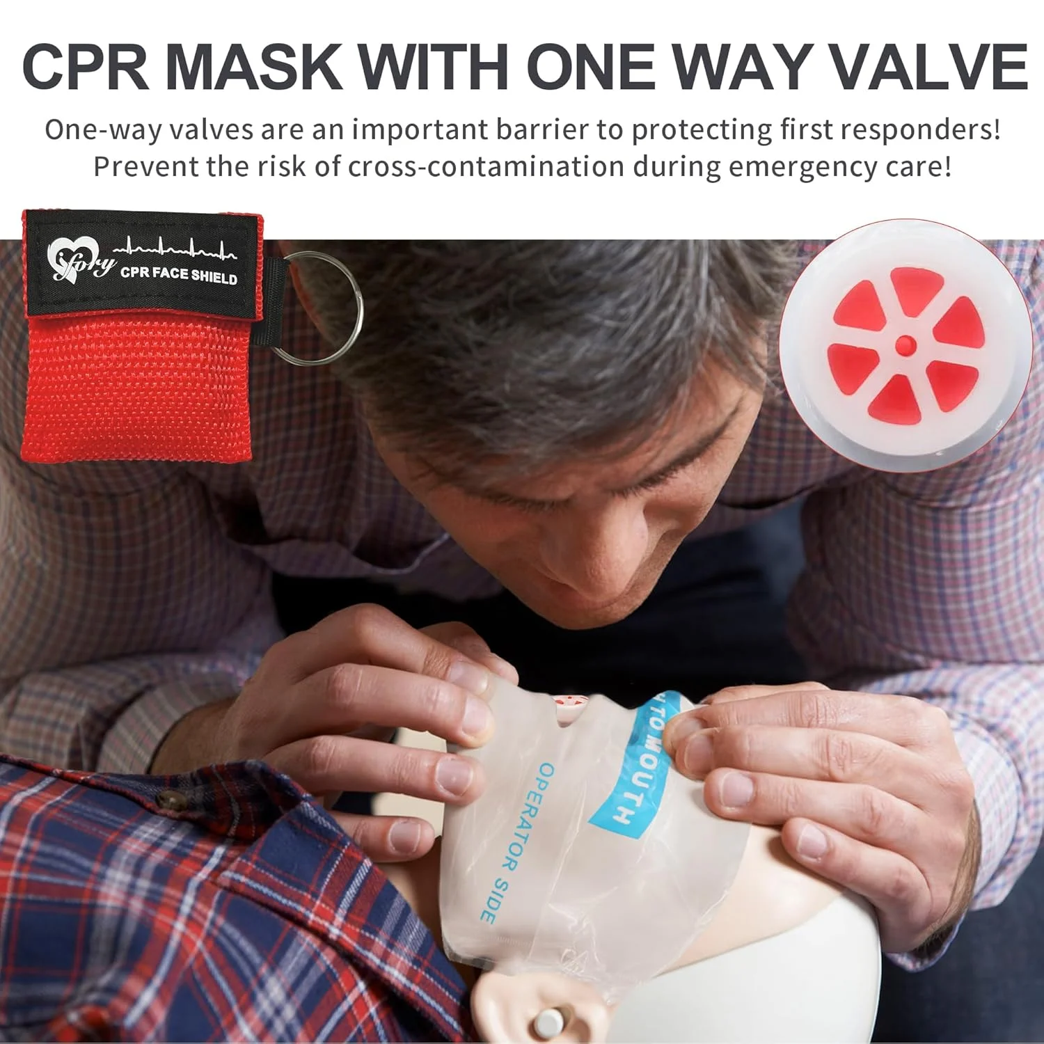 A person demonstrates using a CPR mask with a one-way valve on a mannequin. The image also shows a red CPR face shield keychain and a close-up of the valve. Text describes the mask’s benefits for emergency care.