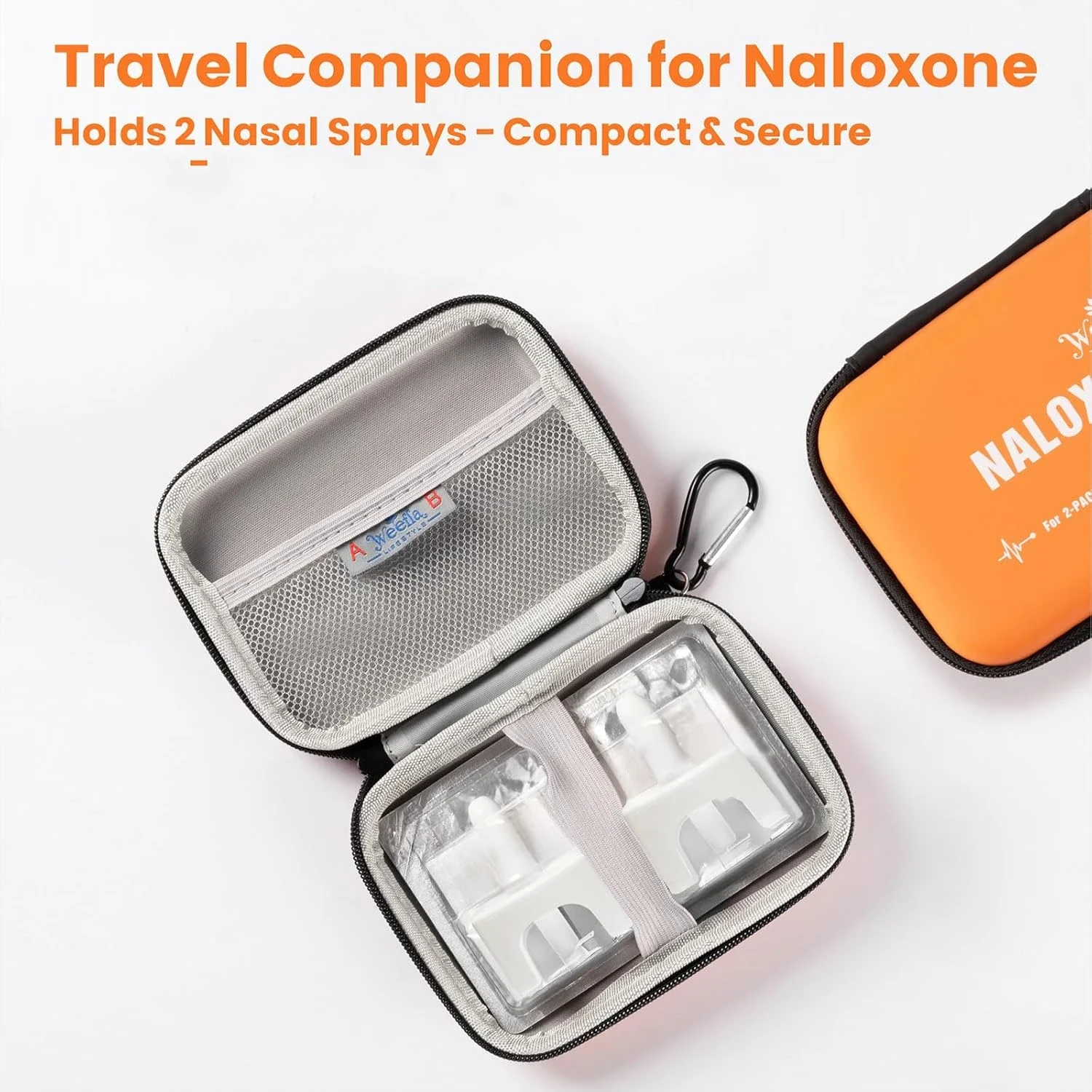 Open travel case holding two naloxone nasal sprays, with a mesh pocket on the left. Travel Companion for Naloxone text above, and an orange carrying case partially visible on the right.