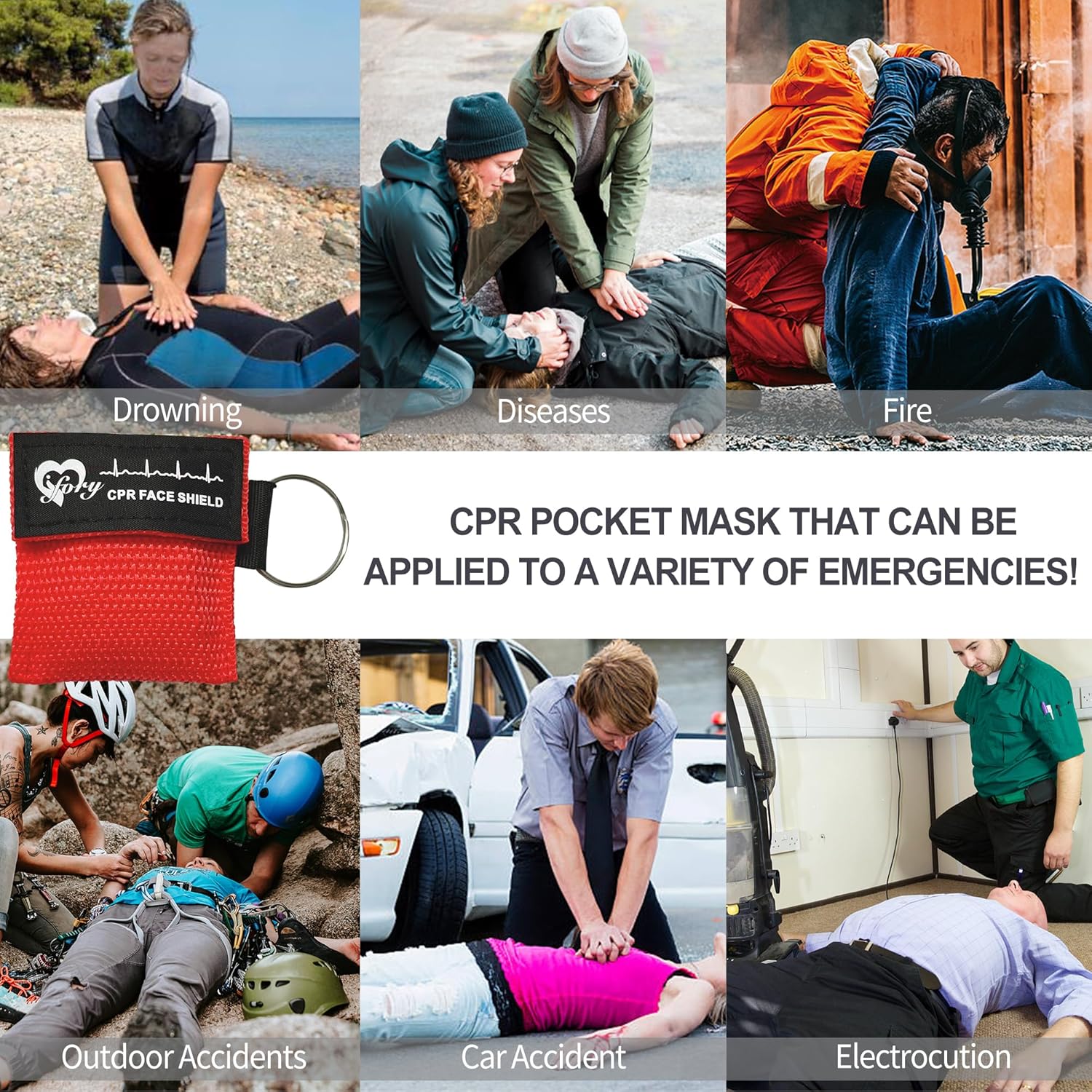 Collage showing a CPR pocket mask and people using CPR in emergencies: drowning, disease, fire, outdoor accidents, car accident, and electrocution. Text highlights the masks use in various emergencies.